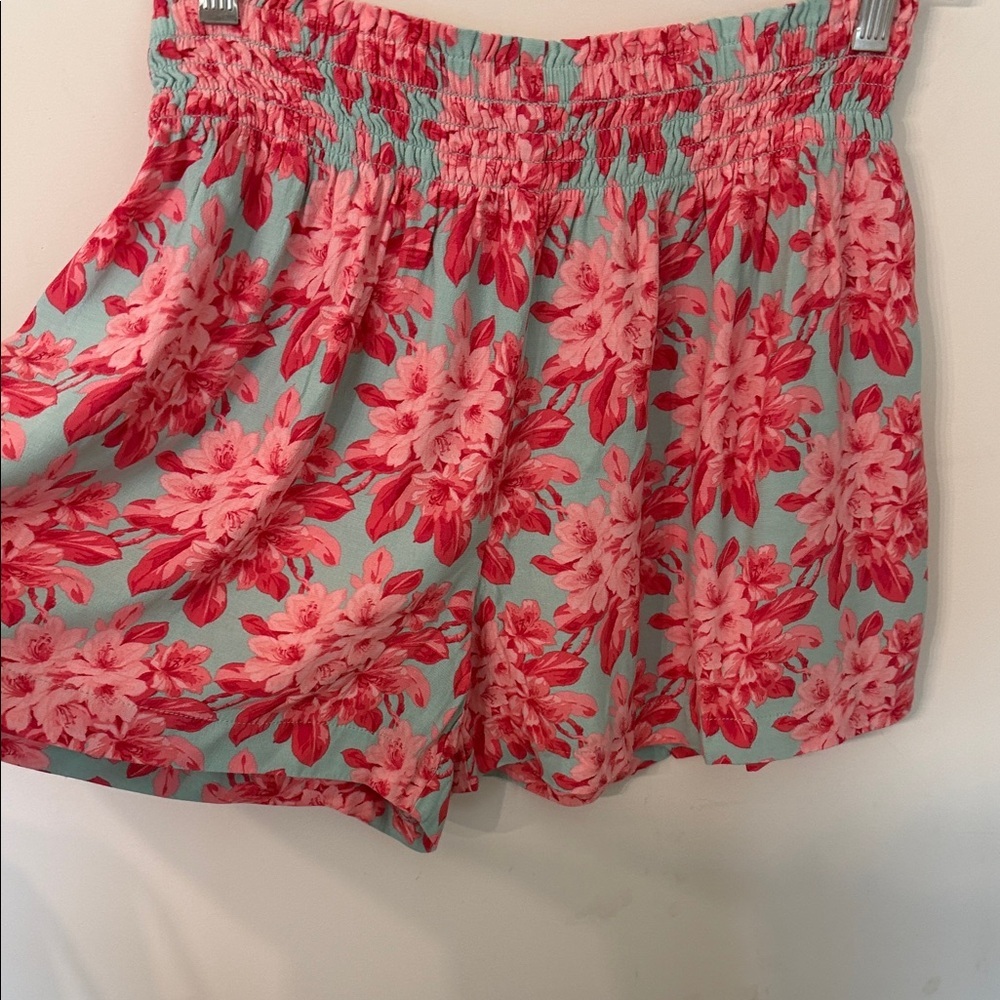LOFT Aqua and Pink Floral Smocked Waist Skirt/Shorts - Picture 3 of 3